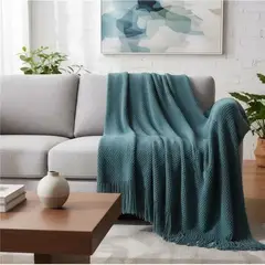 GENERICO - MANTA DECORATIVA AZUL PETROLEO PATRON CON FLECOS 180X130CM CSAMIO