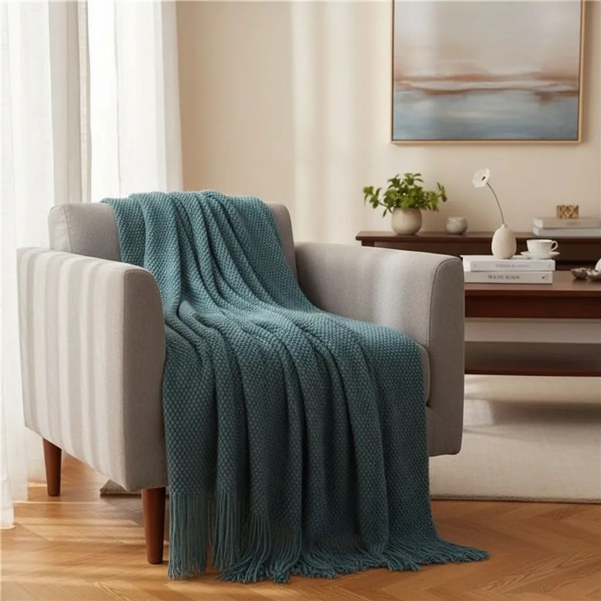 MANTA DECORATIVA AZUL PETROLEO PATRON CON FLECOS 180X130CM CSAMIO, marca GENERICO - Foto 2