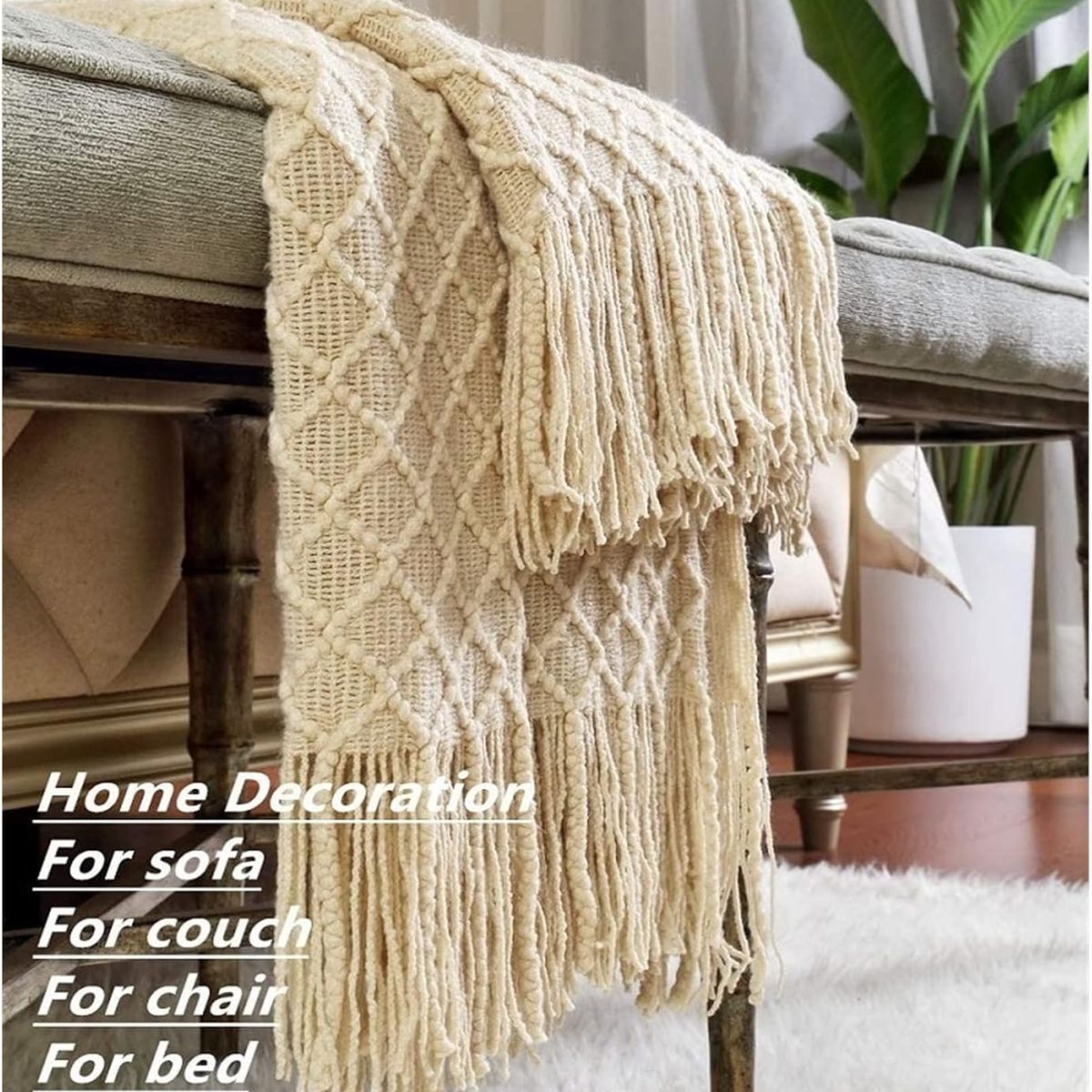 GENERICO - MANTA DECORATIVA CAQUI CUADRITO PATRON CON FLECOS 180X130CM CSAMIO