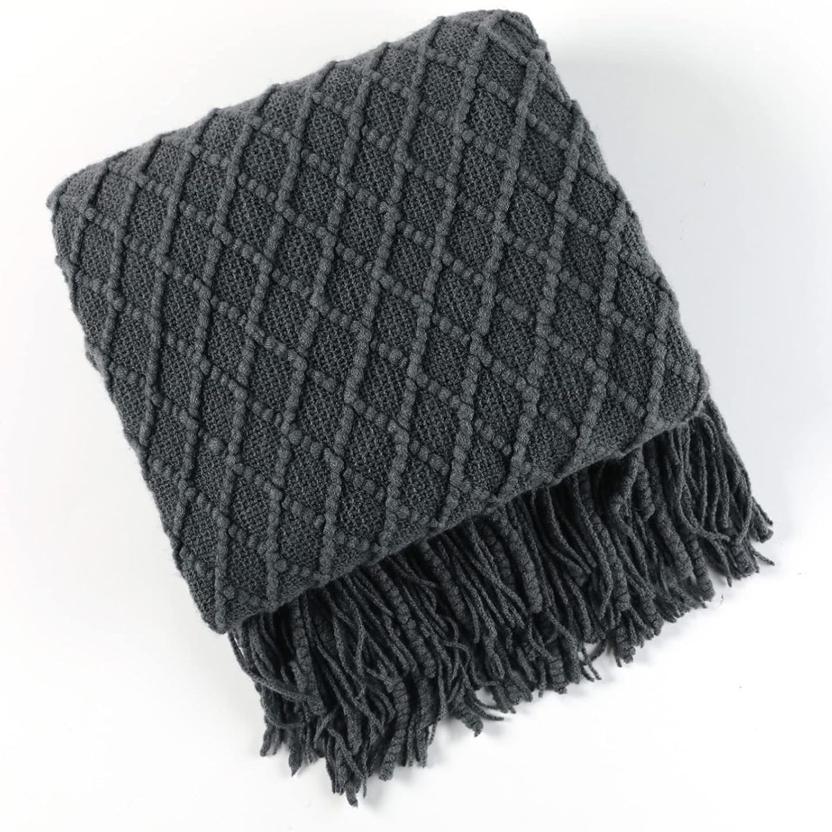 GENERICO - MANTA DECORATIVA GRIS OSCURO CUADRITO PATRON CON FLECOS 180X130CM CSAMIO