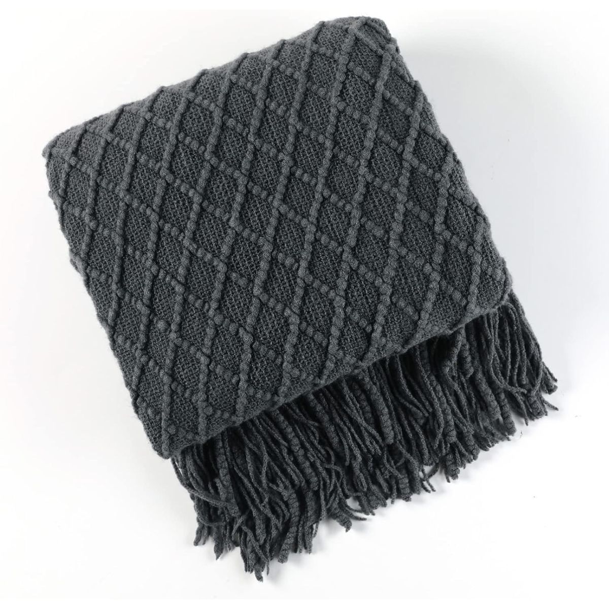 GENERICO - MANTA DECORATIVA GRIS OSCURO CUADRITO PATRON CON FLECOS 180X130CM CSAMIO