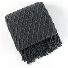 GENERICO - MANTA DECORATIVA GRIS OSCURO CUADRITO PATRON CON FLECOS 180X130CM CSAMIO