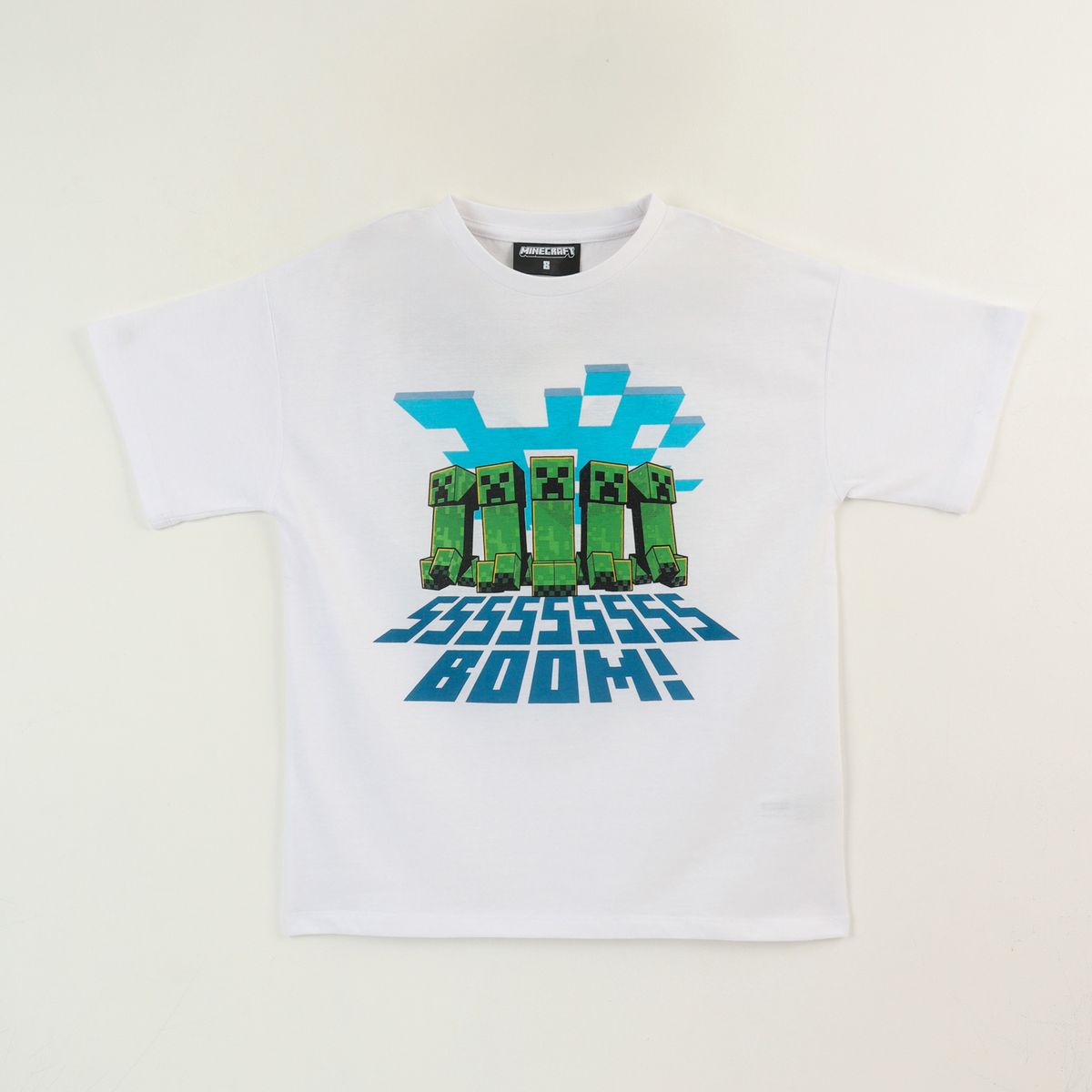 MINECRAFT - Polera Manga Corta Niño Blanco Creepers Boom Minecraft