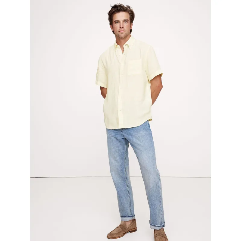 BANANA REPUBLIC - Camisa Hombre Straight Casual Linen Amarillo Banana Republic