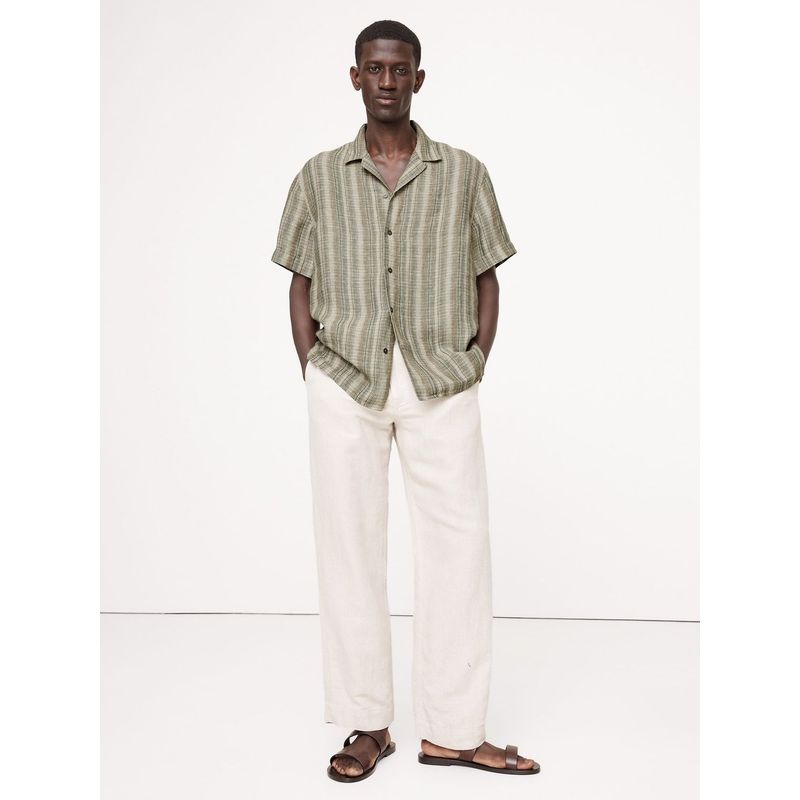 BANANA REPUBLIC - Camisa Hombre Standard-Fit Textured Resort Lino-Algodón Gris Banana Republic