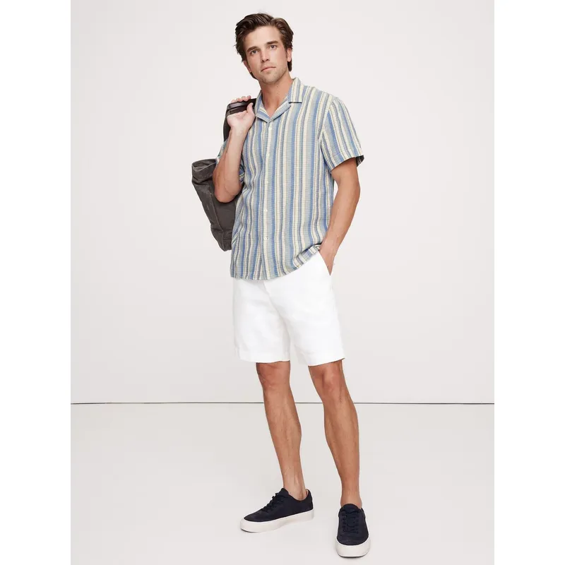 BANANA REPUBLIC - Camisa Hombre Standard-Fit Textured Resort Lino-Algodón Celeste Banana Republic