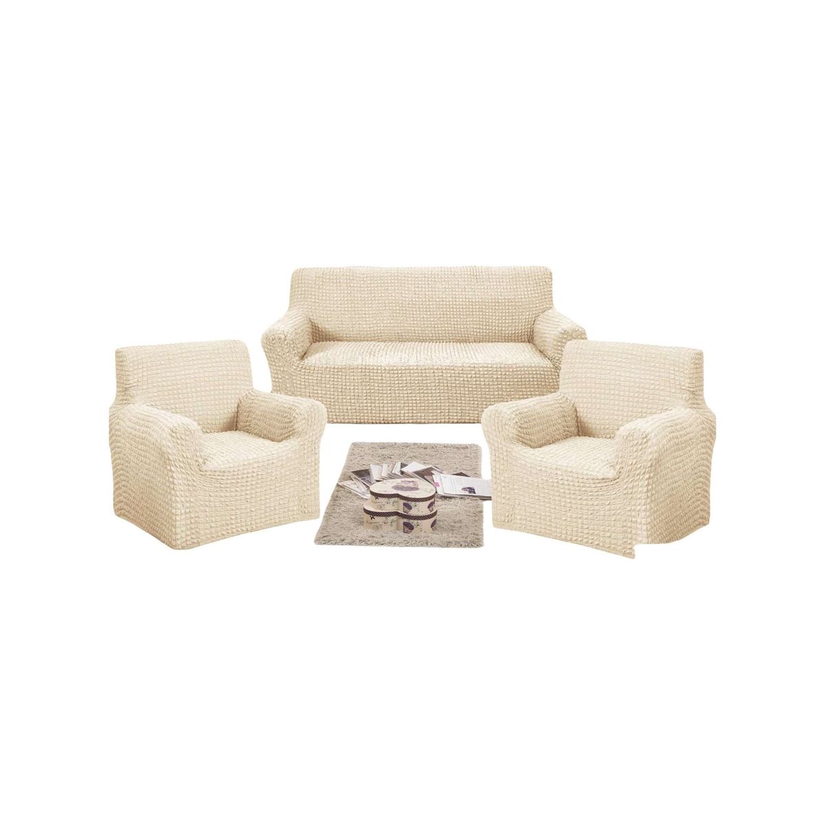 GENERICO - SET DE FUNDAS DE SOFA 3+1+1 - MODELO CUADRILLE BLANCO