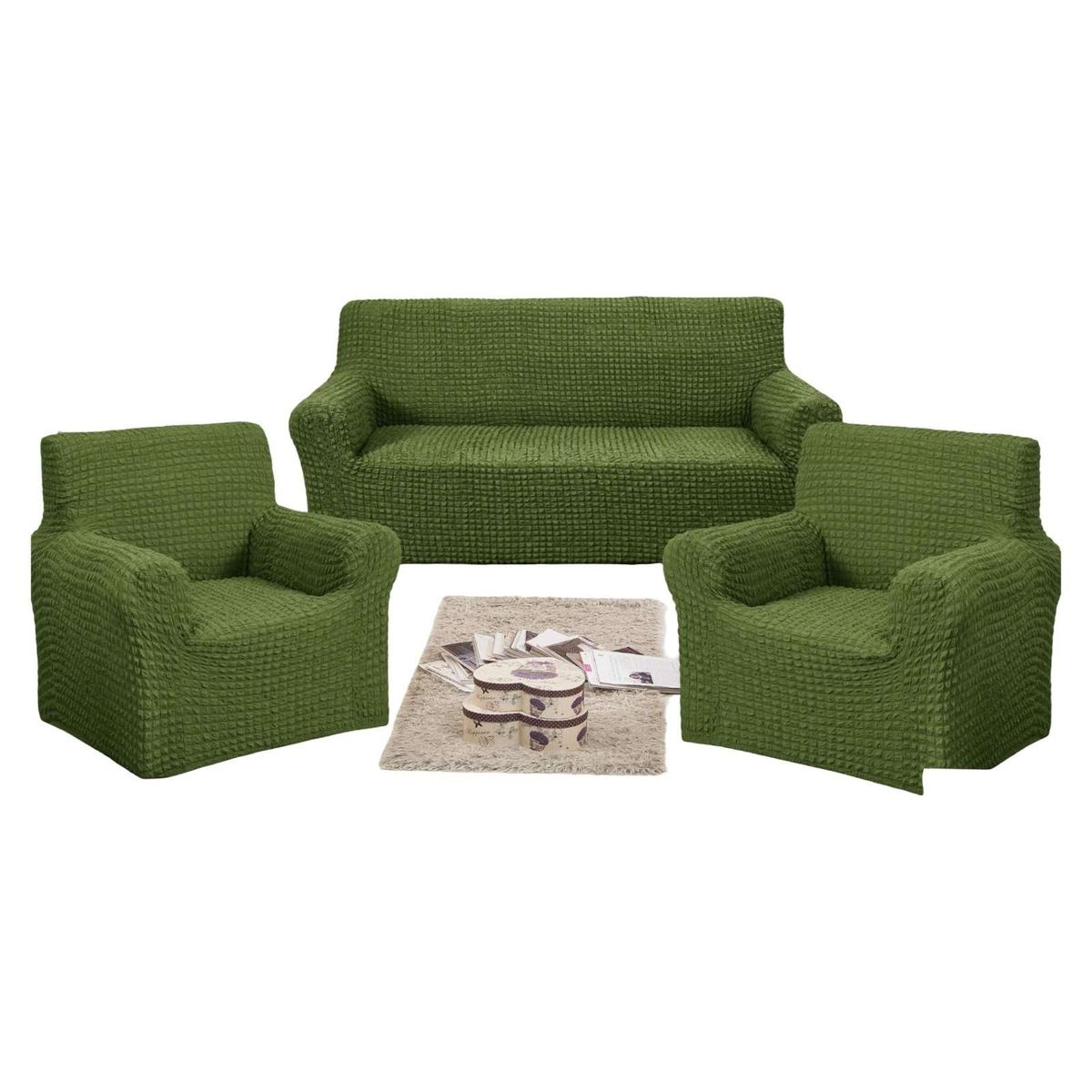 GENERICO - SET DE FUNDAS DE SOFA 3+1+1 - MODELO CUADRILLE VERDE OLIVA