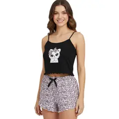 MEDIA LUNA - Pijama Conjunto Mujer de Short y Polera Gatito Animal Print