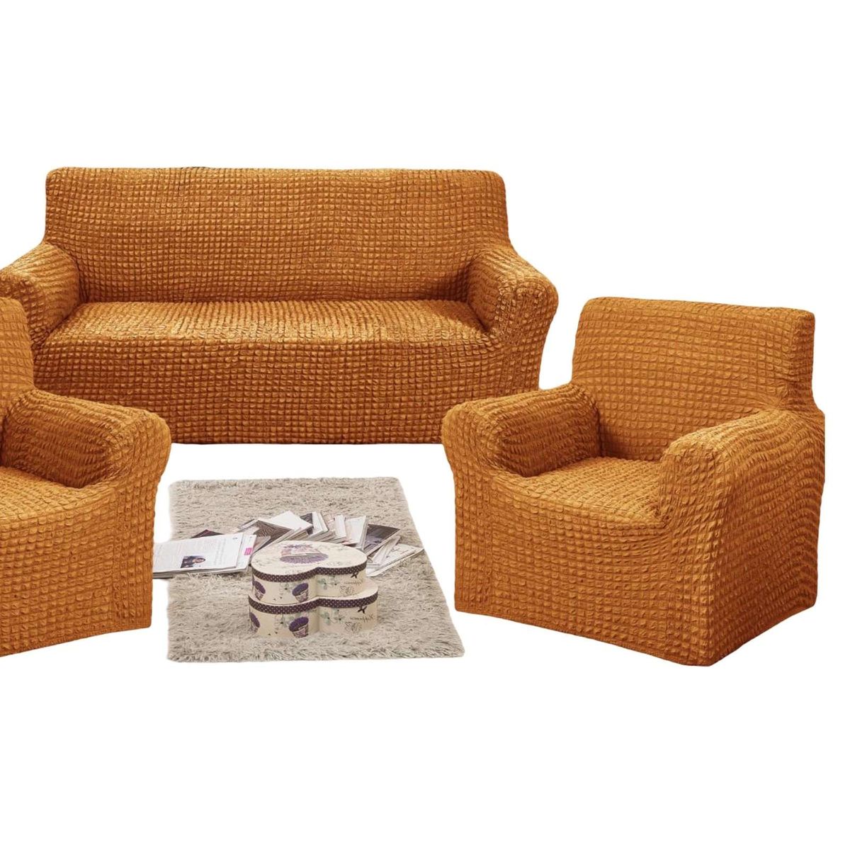 GENERICO - SET DE FUNDAS CUBRE SILLON 3+1+1 - MODELO CUADRILLE MOSTAZA