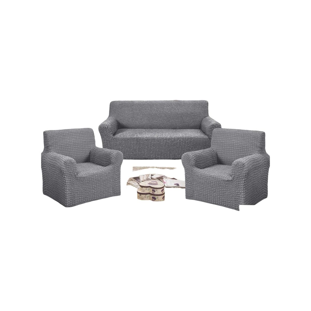 GENERICO - SET DE FUNDAS CUBRE SILLON 3+1+1 - MODELO CUADRILLE GRIS