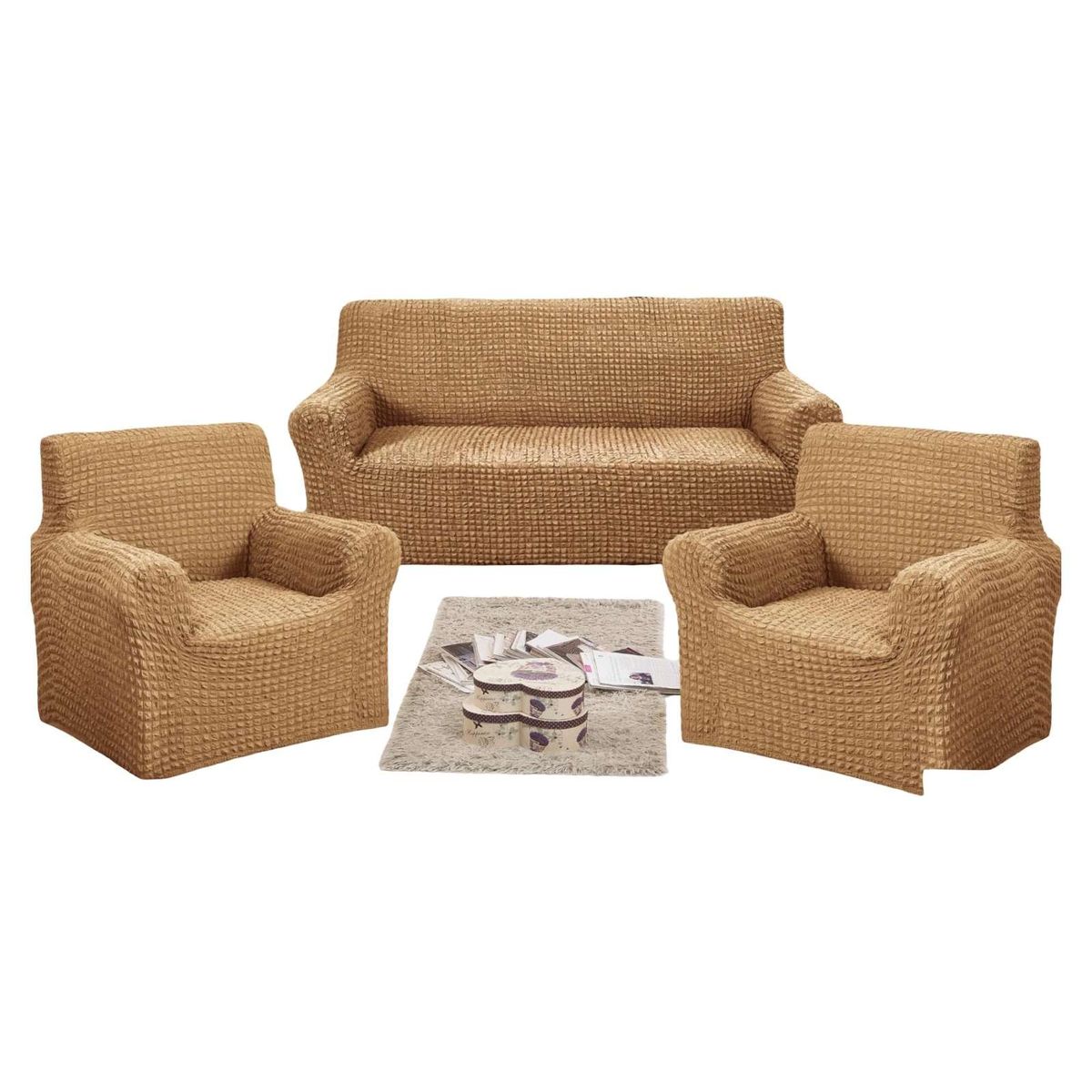 GENERICO - SET DE FUNDAS CUBRE SILLON 3+1+1 - MODELO CUADRILLE CAFÉ