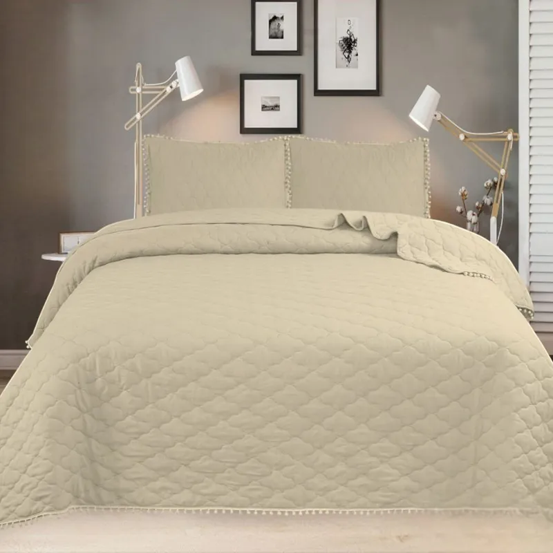 GENERICO - Cubrecama De Algodon De 1.5 Plazas Con Pompones + 1 Funda Beige