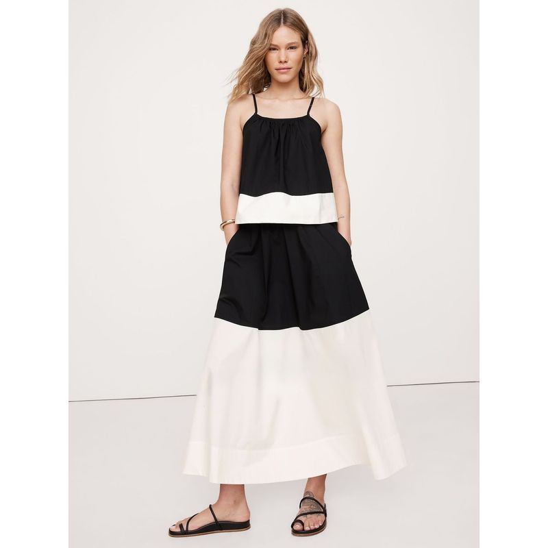 BANANA REPUBLIC - Falda Mujer Color-Block Poplin Maxi Algodón Negro Banana Republic