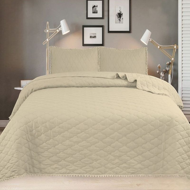 GENERICO - Quilt De Verano 2 Plazas En Algodon Con Pompones+ 2 Fundas Beige