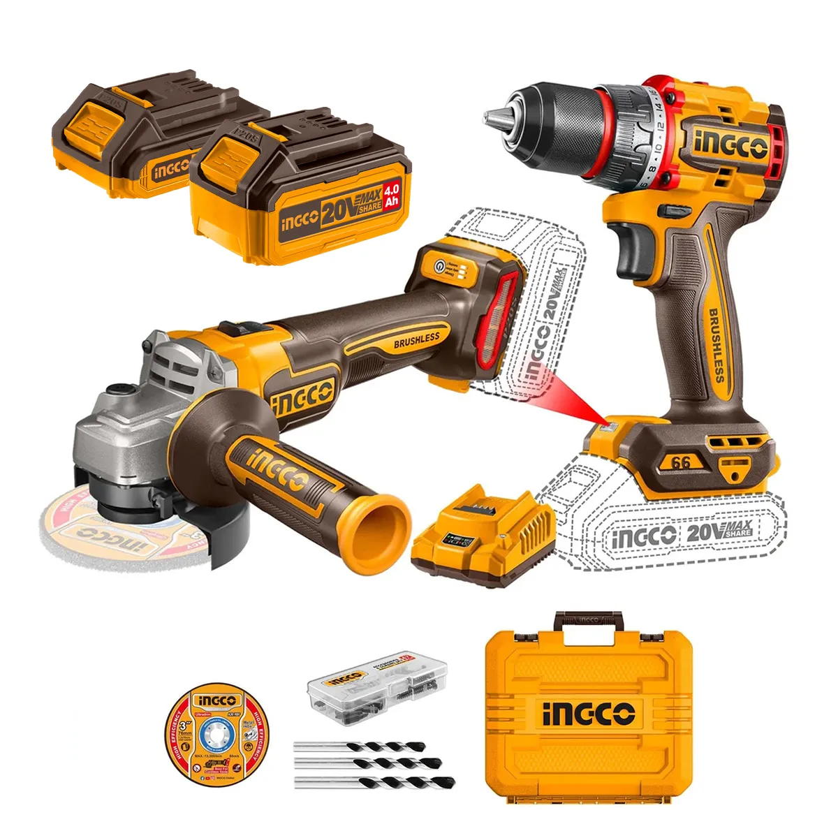 INGCO - Set Taladro Bl Y Esmeril Bl +2Bat Y Carg +Accesorios Ingco