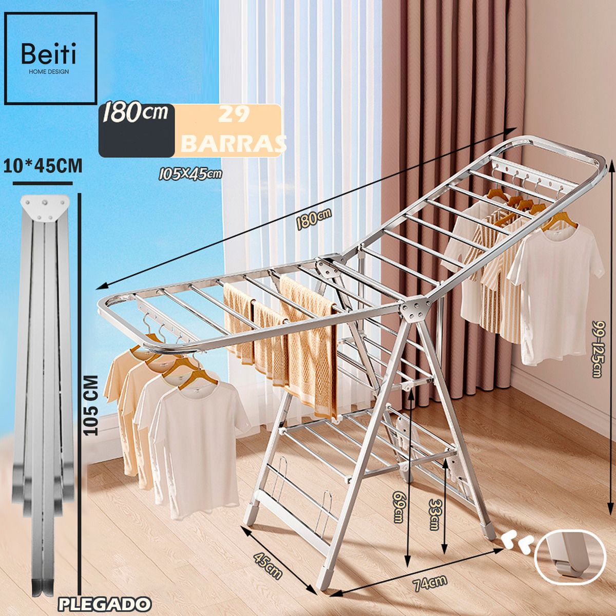 HOMEBRANDT - Tendedero Plegable Acero Inoxidable Premium De 180cm 50kg