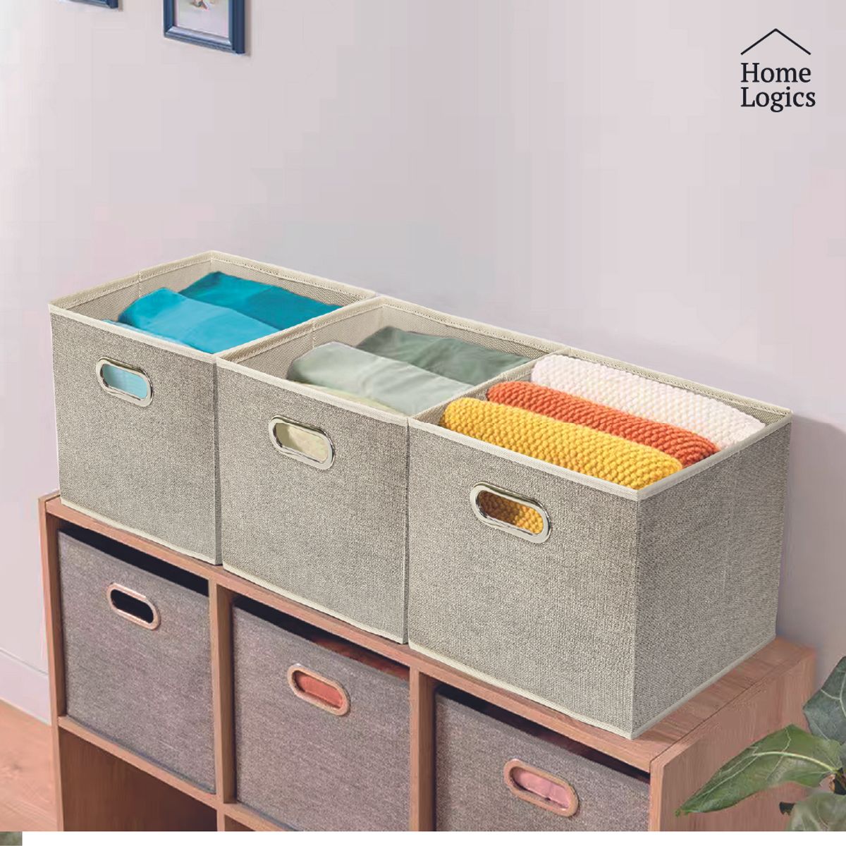 HOME LOGICS - Caja Almacenamiento Beige Plegable 31 x 31 cm Home Logics