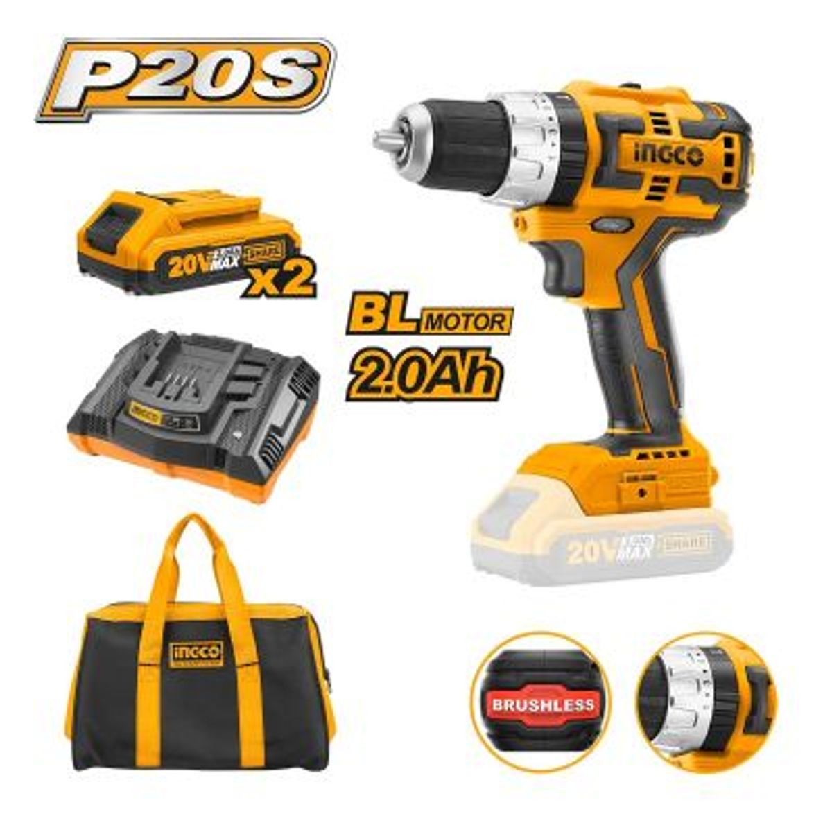 INGCO - Taladro Atornillador Percutor 13mm 2bat 20v Ingco Cidli20608