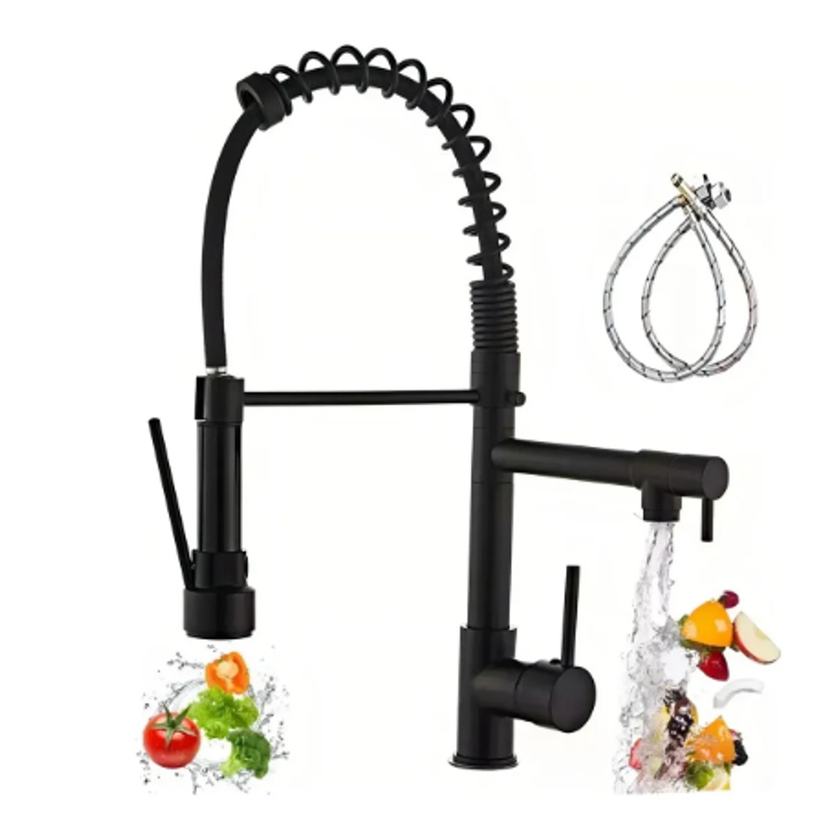 GENERICO - Llave Cocina Monomando Triple Lavaplatos Flexible Mate NEGRO
