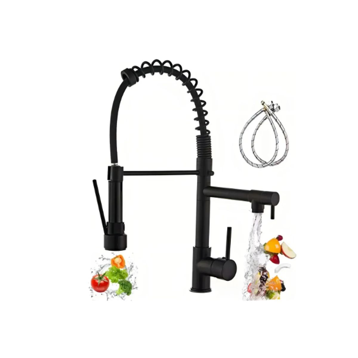 GENERICO - Llave Cocina Monomando Triple Lavaplatos Flexible Mate NEGRO