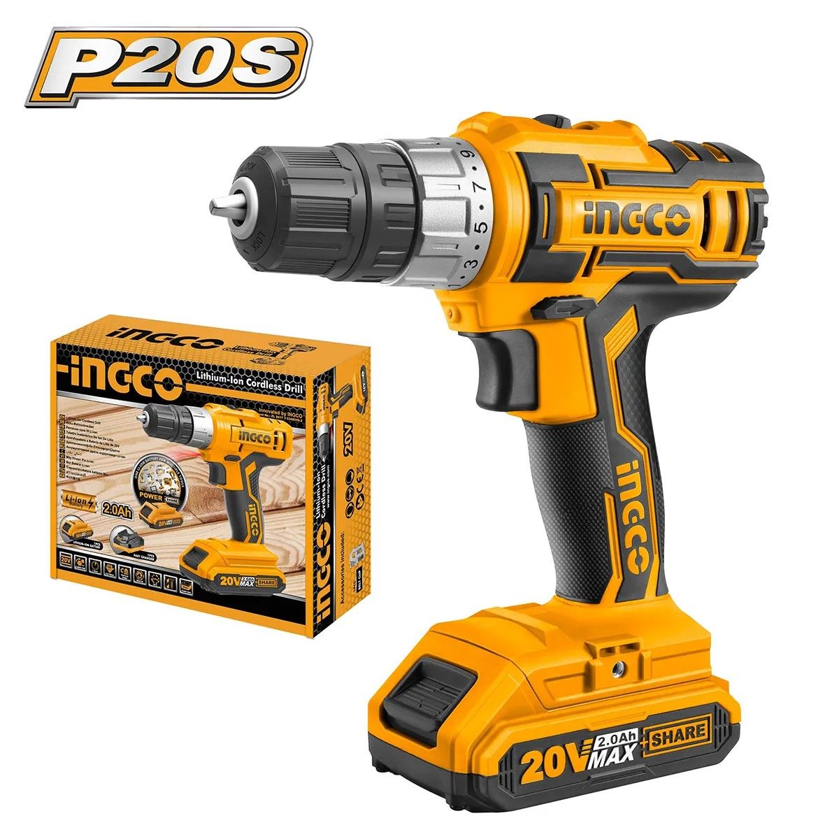 INGCO - Taladro Atornillador Ingco + Bateria 20Ah Y Cargador Normal 20V10Mm
