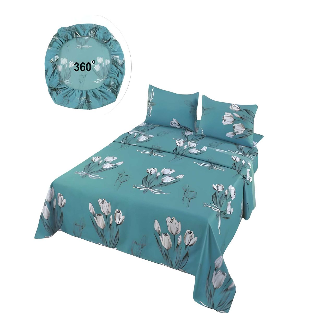 GENERICO - SET DE SABANAS DISEÑO FLORES 2 PLAZAS TURQUESA