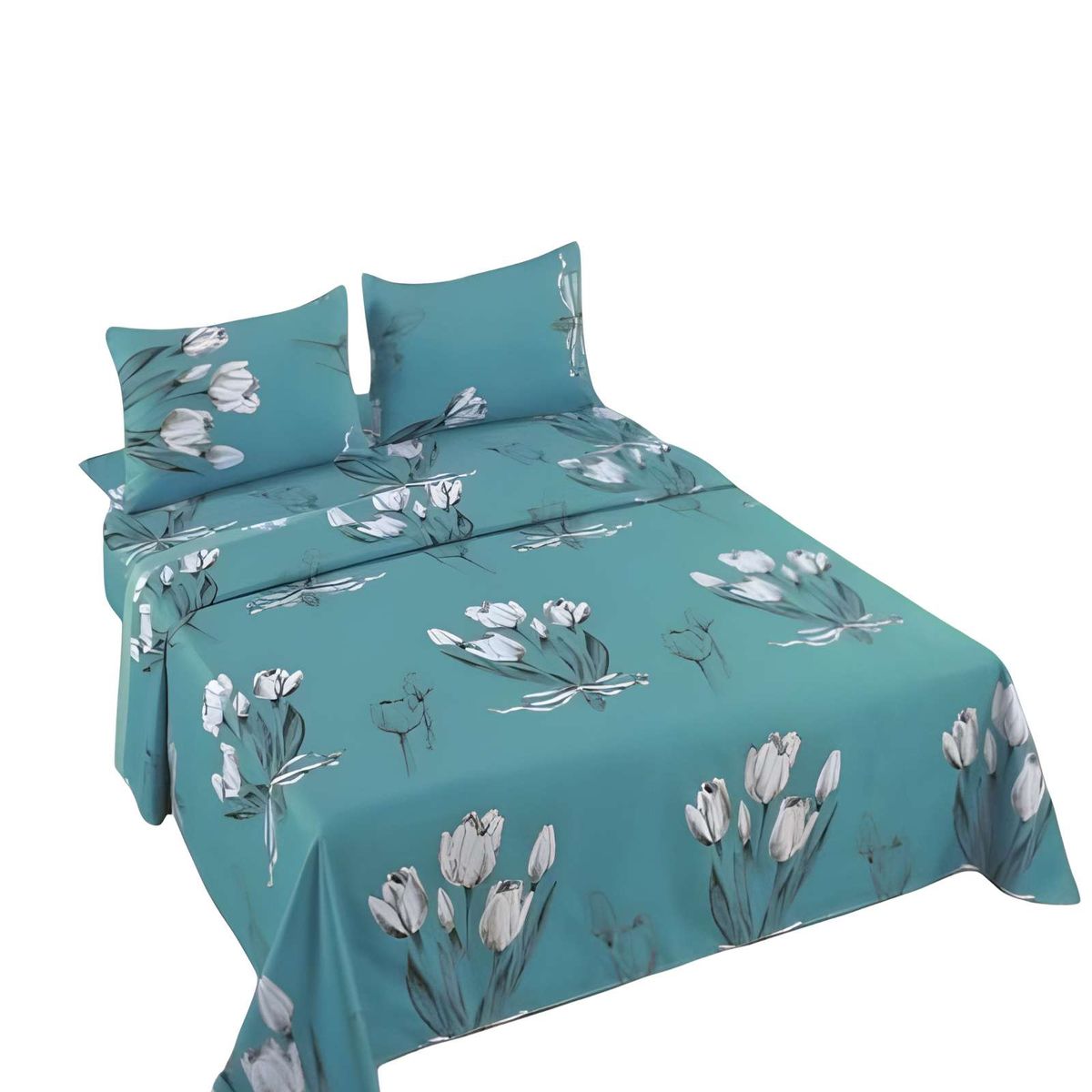 GENERICO - SET DE SABANAS DISEÑO FLORES 2 PLAZAS TURQUESA