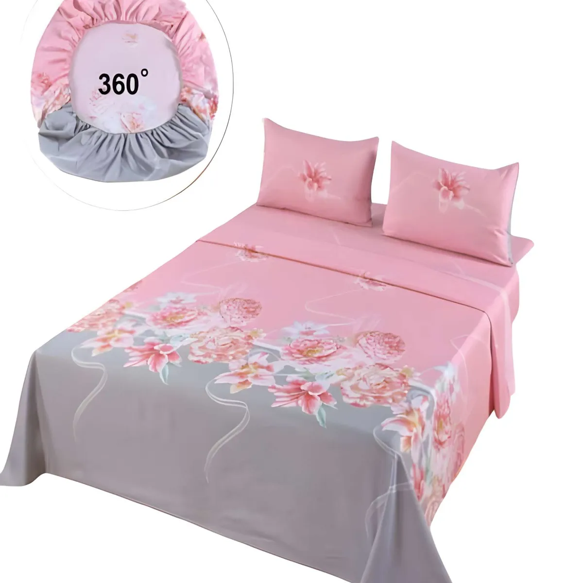 GENERICO - SET DE SABANAS DISEÑO FLORES 2 PLAZAS ROSADO