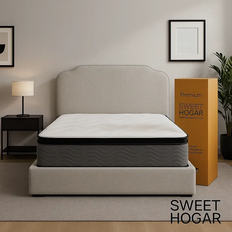 SWEET HOGAR - Cama baúl KING con almacenamiento y respaldo + COLCHON PREMIUM resorte pocket 28 cm ancho