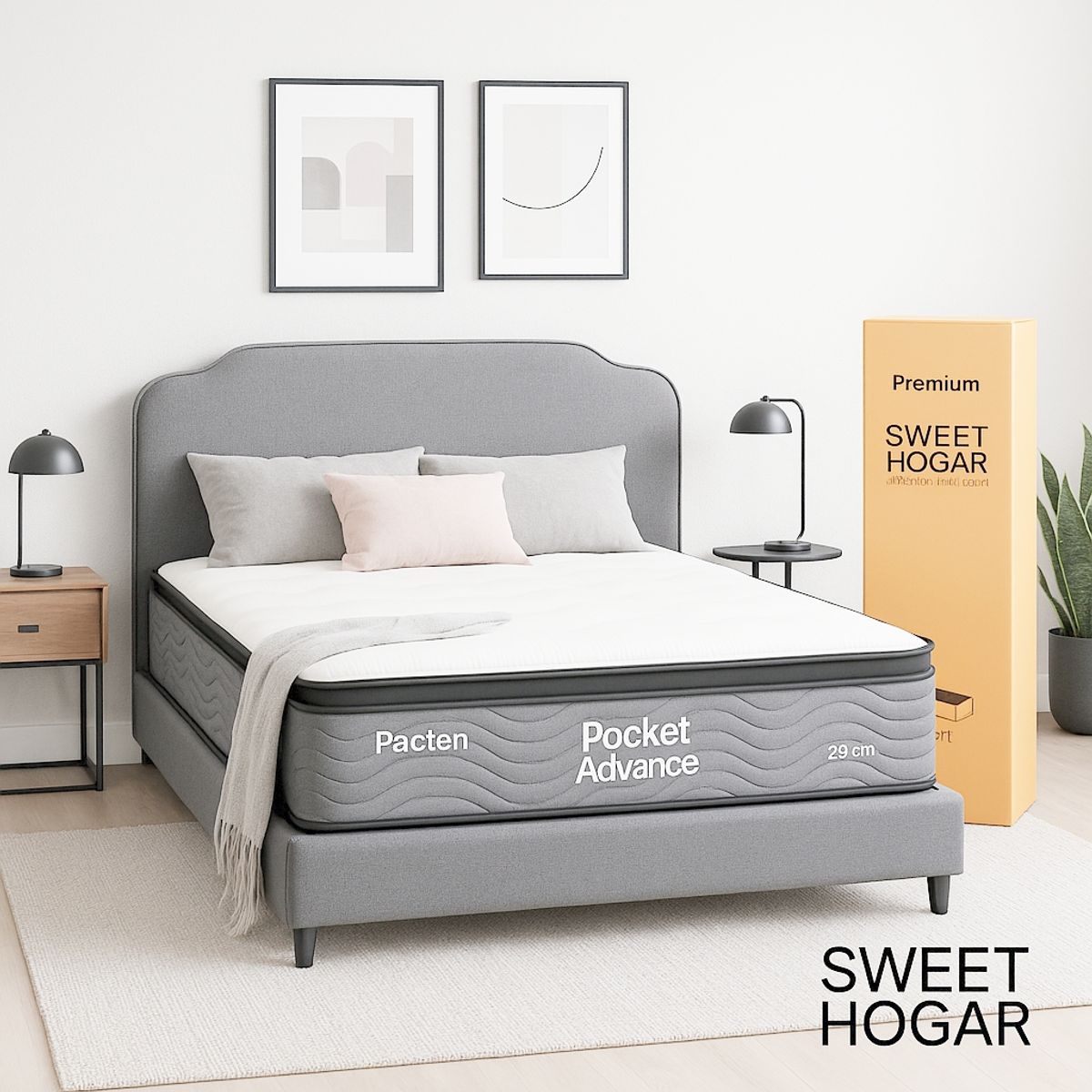 SWEET HOGAR - Cama con almacenamiento y respaldo KING+ COLCHON PREMIUM resorte pocket 28 cm