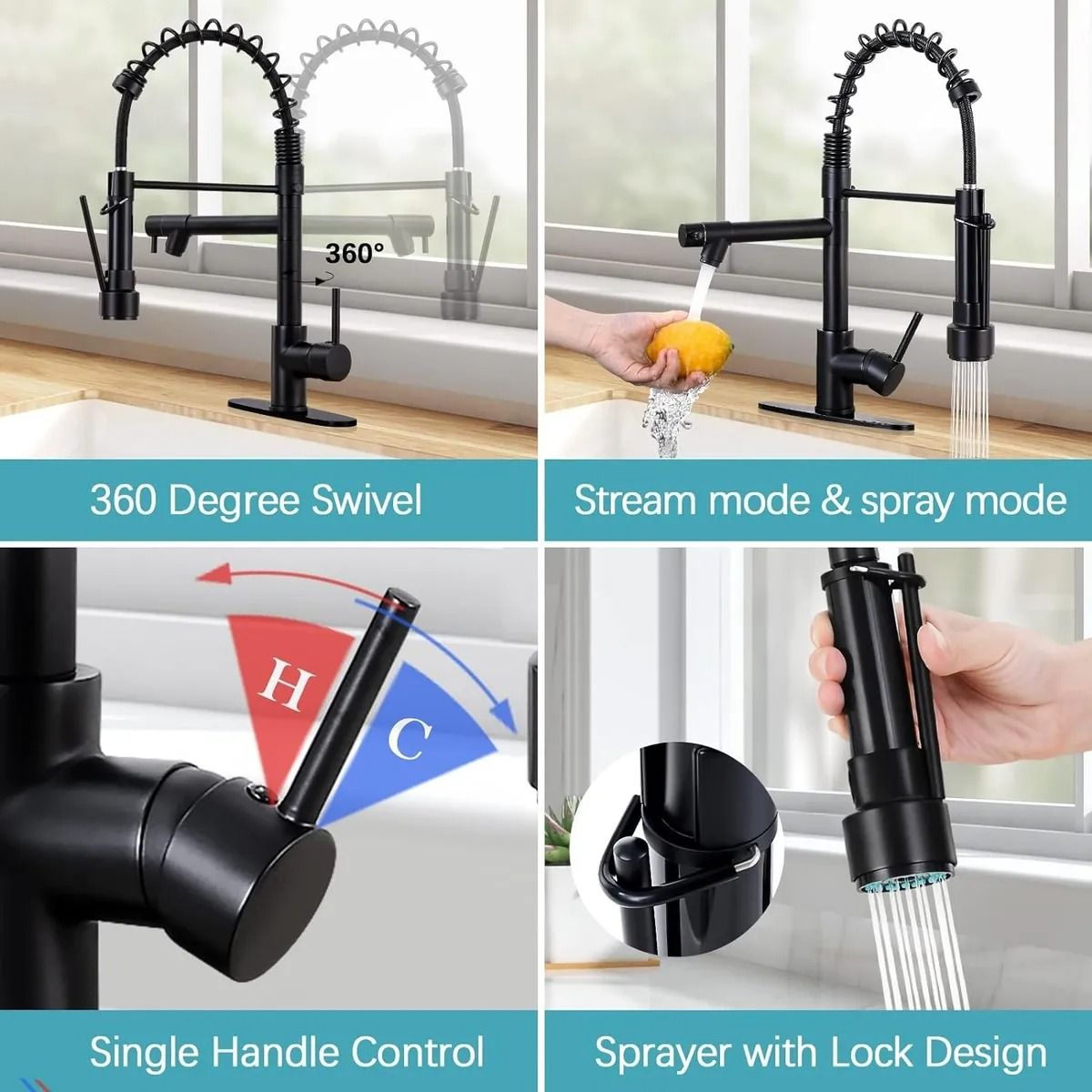 EVERSO - Llave Monomando Lavaplatos Flexible Griferia Cocina 360° Negro Mate