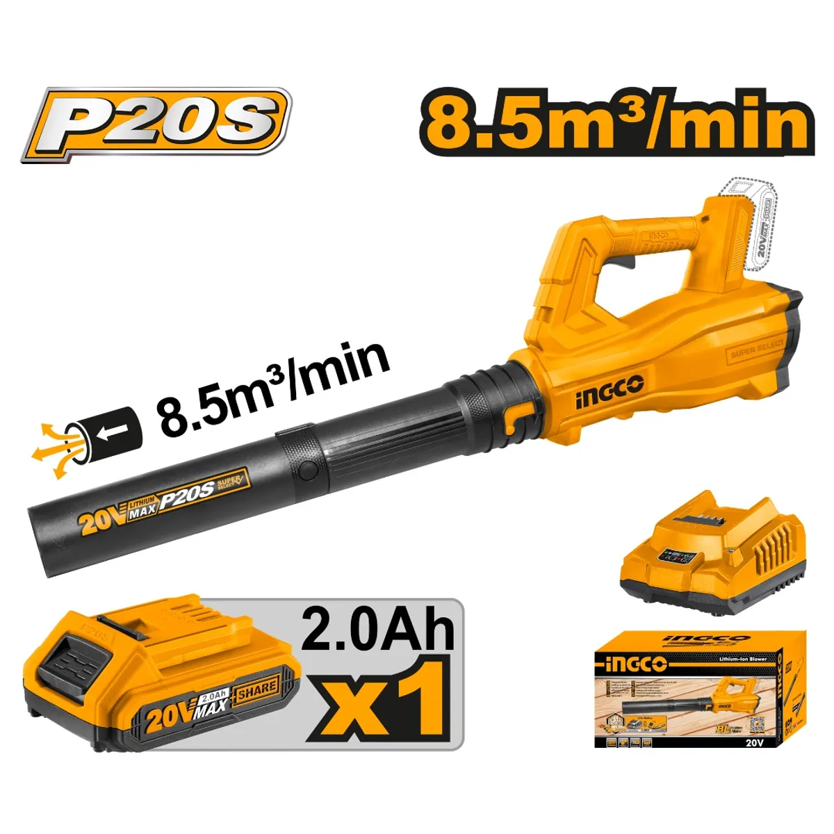 INGCO - Soplador + 1 Bateria 2,0Ah Y Cargador Normal 20V-8,5M³/Min Ingco Cabli203235