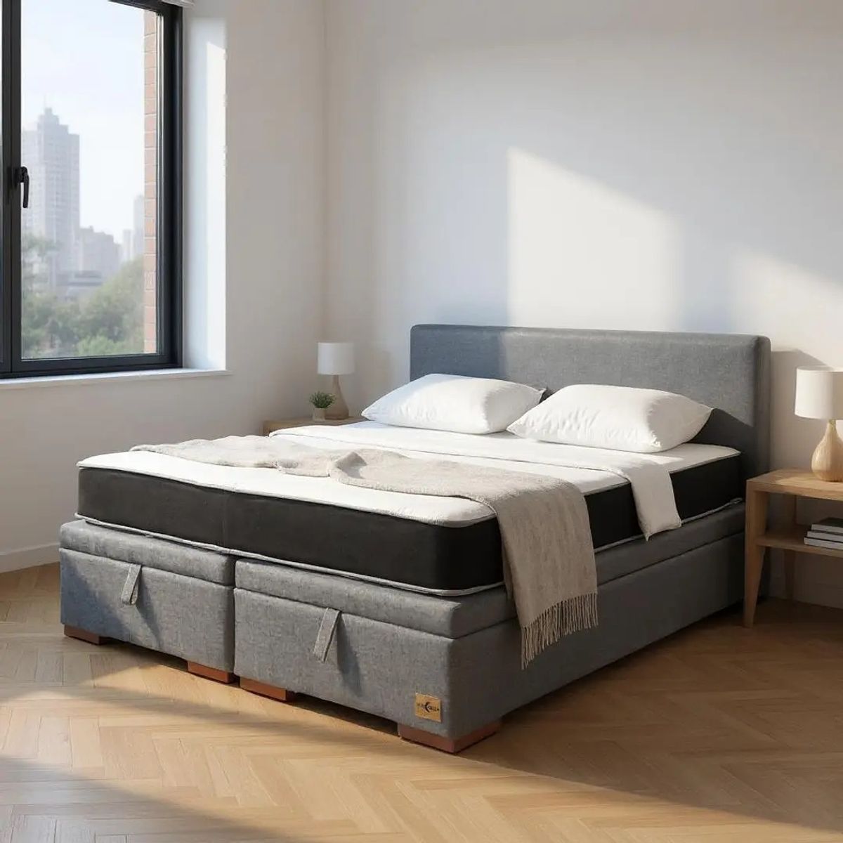 BLOCCARE - Cama Baul 2 Plazas + Colchon Black L190 /Patas de Madera 4.5 CM (Gris)