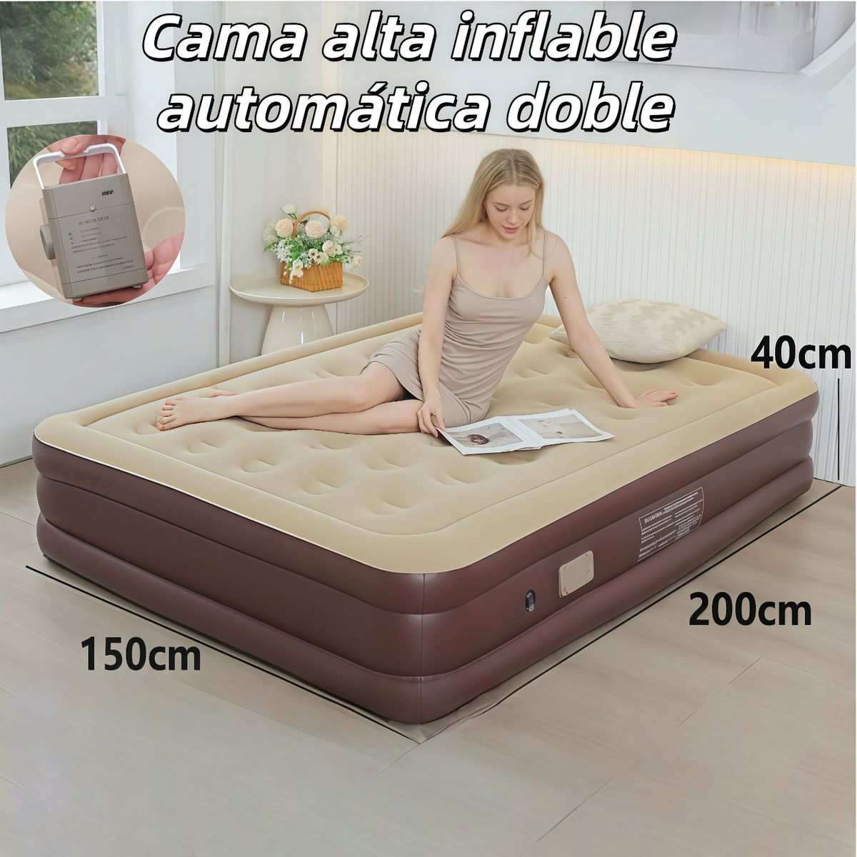 OASIS - Colchón Inflable Eléctrico Cama Alto （2 Plazas）Color Marrón