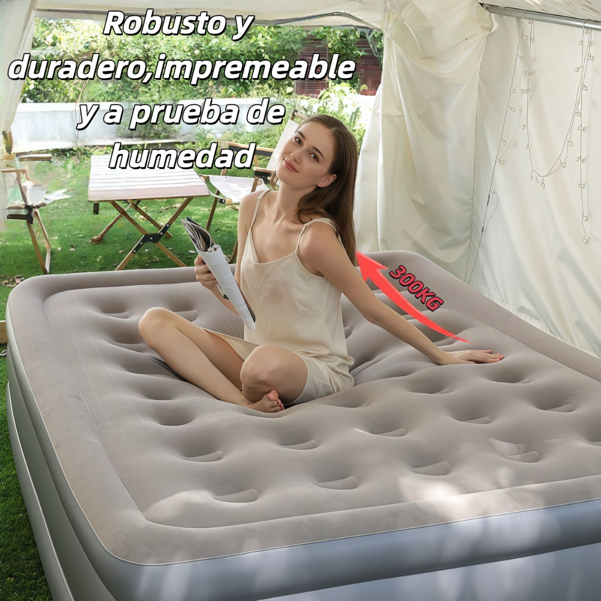 OASIS - Colchón Inflable Eléctrico Cama Alto （2 Plazas）Color Gris