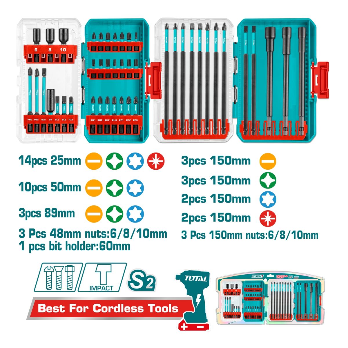 TOTAL TOOLS - Juego Puntas Destornillador y Tuercas 44 Piezas tota
