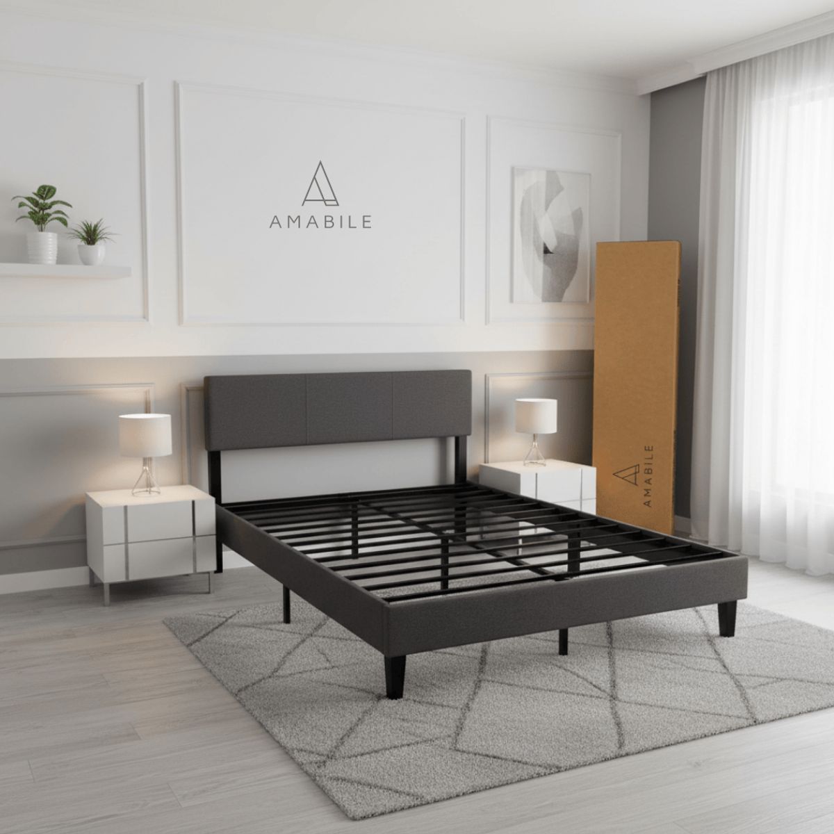 AMABILE - Base De Cama Amabile Genova 2 Plazas Gris Oscuro