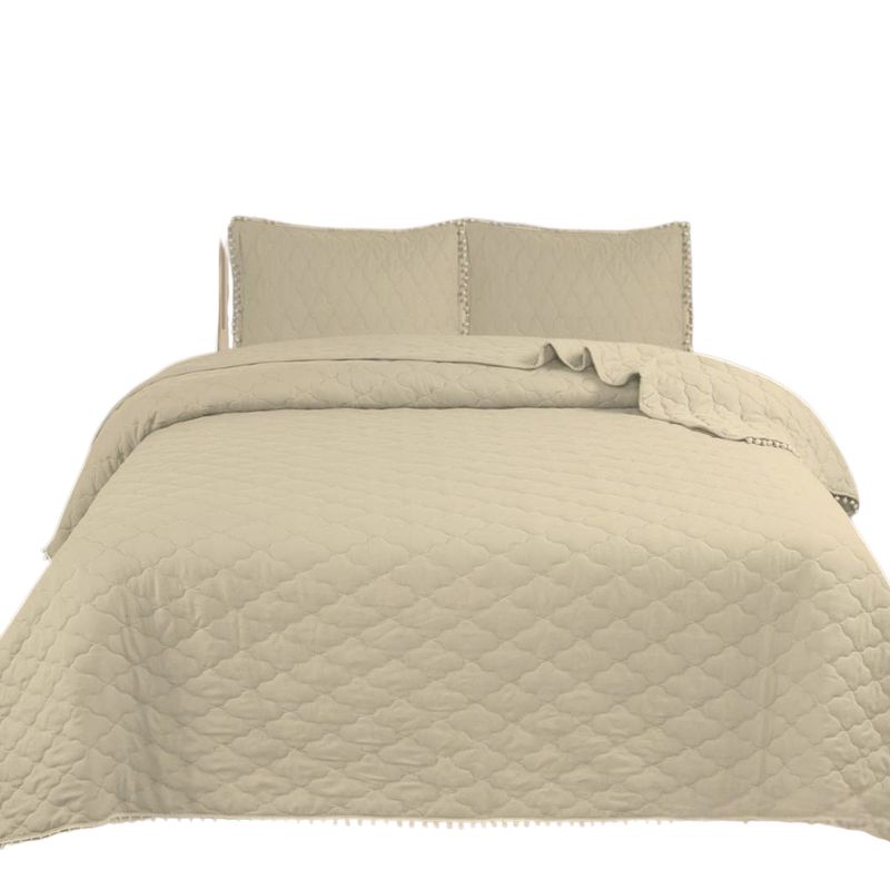 GENERICO - Quilt De Verano King En Algodon Con Pompones+ 2 Fundas Beige