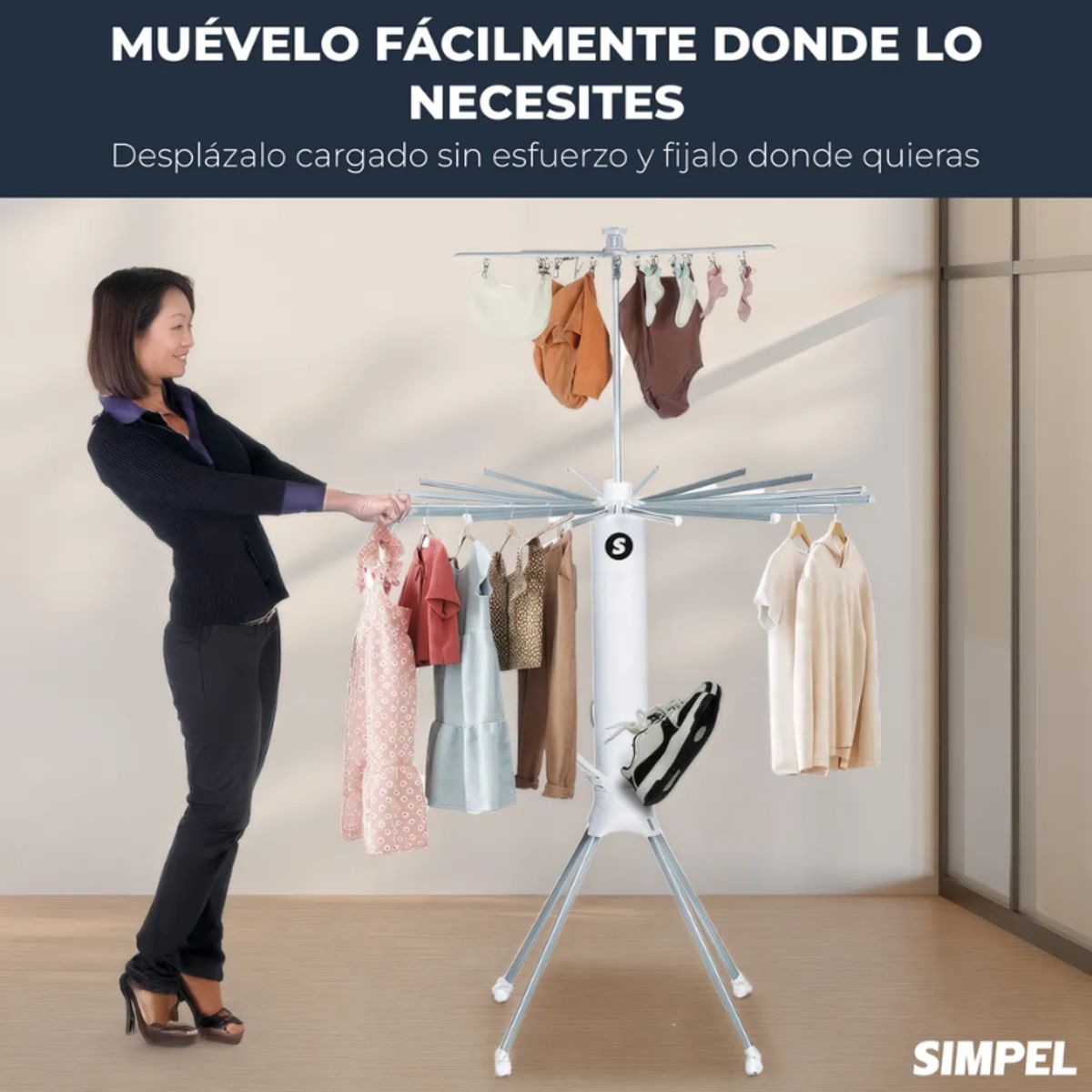 SIMPEL HOME - Tendedero Plegable Simpel Tower con Ruedas Capacidad +30 KG Sábanas Zapatillas Pantalones