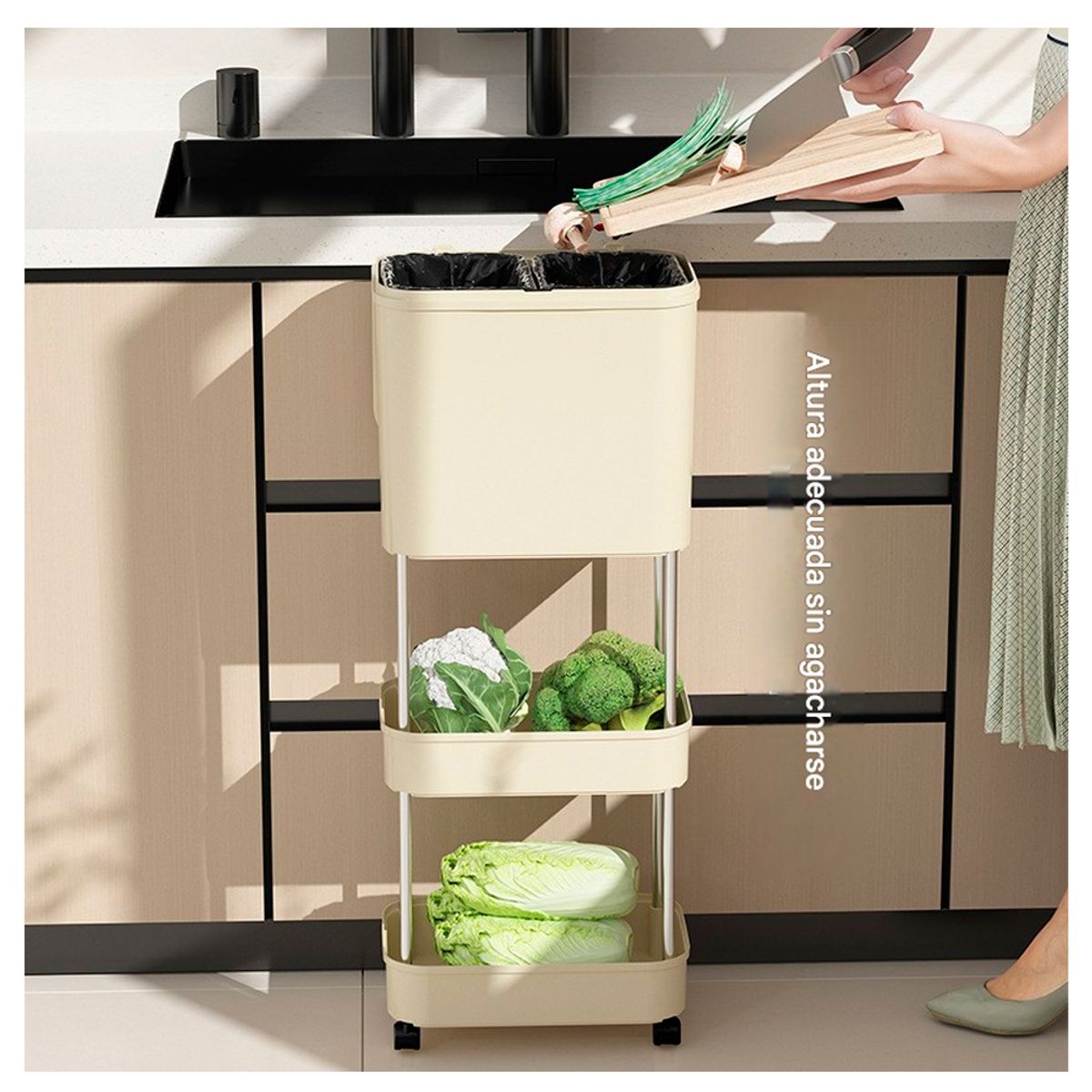 IRM - Estante Organizador Vertical Con Tacho Para Basura De Cocina Beige