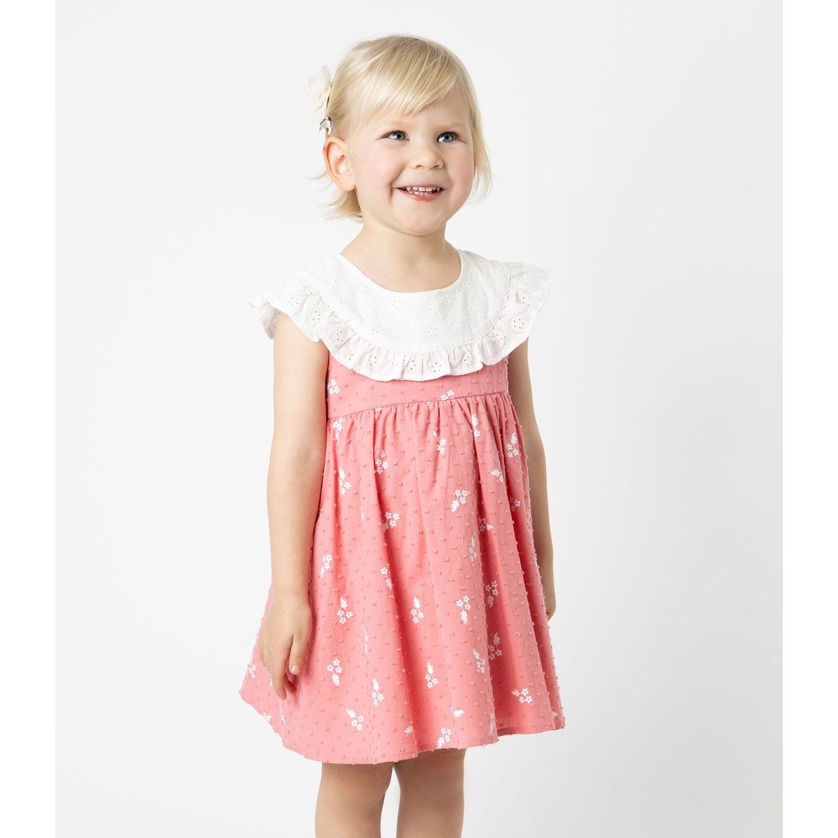 LIMONADA - Vestido bebé con vuelos y flores coral Limonada