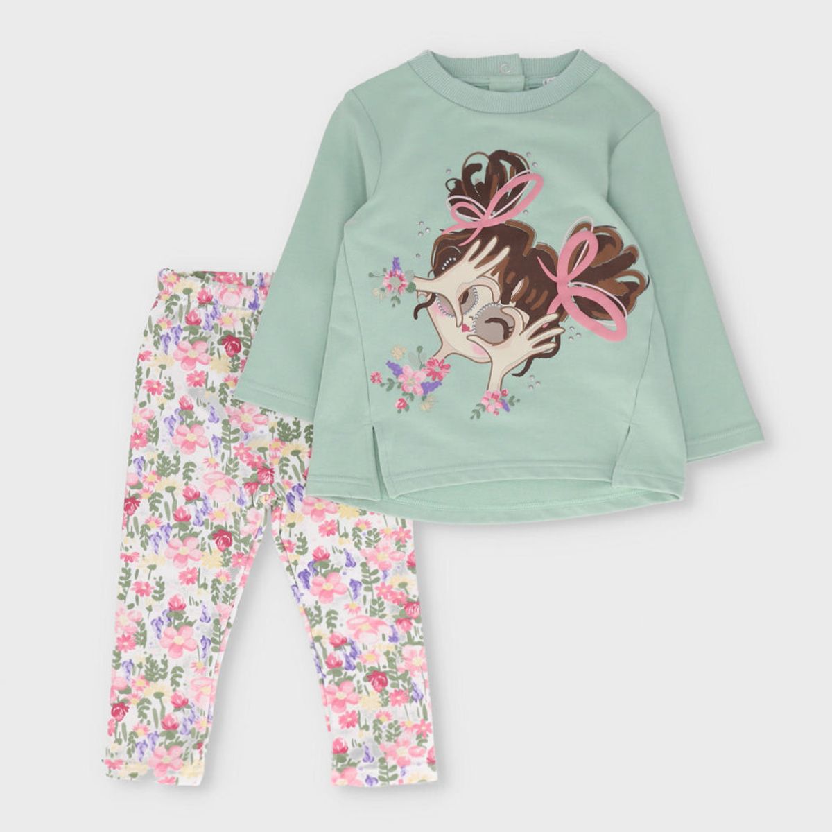 LIMONADA - Conjunto bebé con estampado y flores verde Limonada