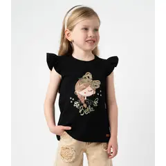 LIMONADA - Polera manga corta niña vuelos y estampado negro