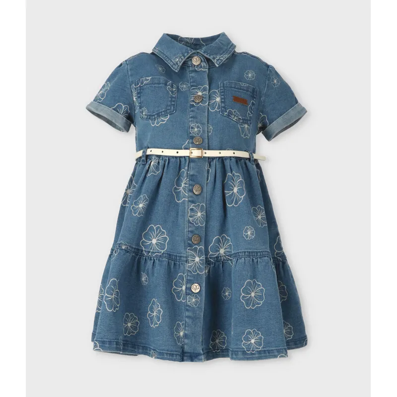 LIMONADA - Vestido niña de denim con flores celeste Limonada