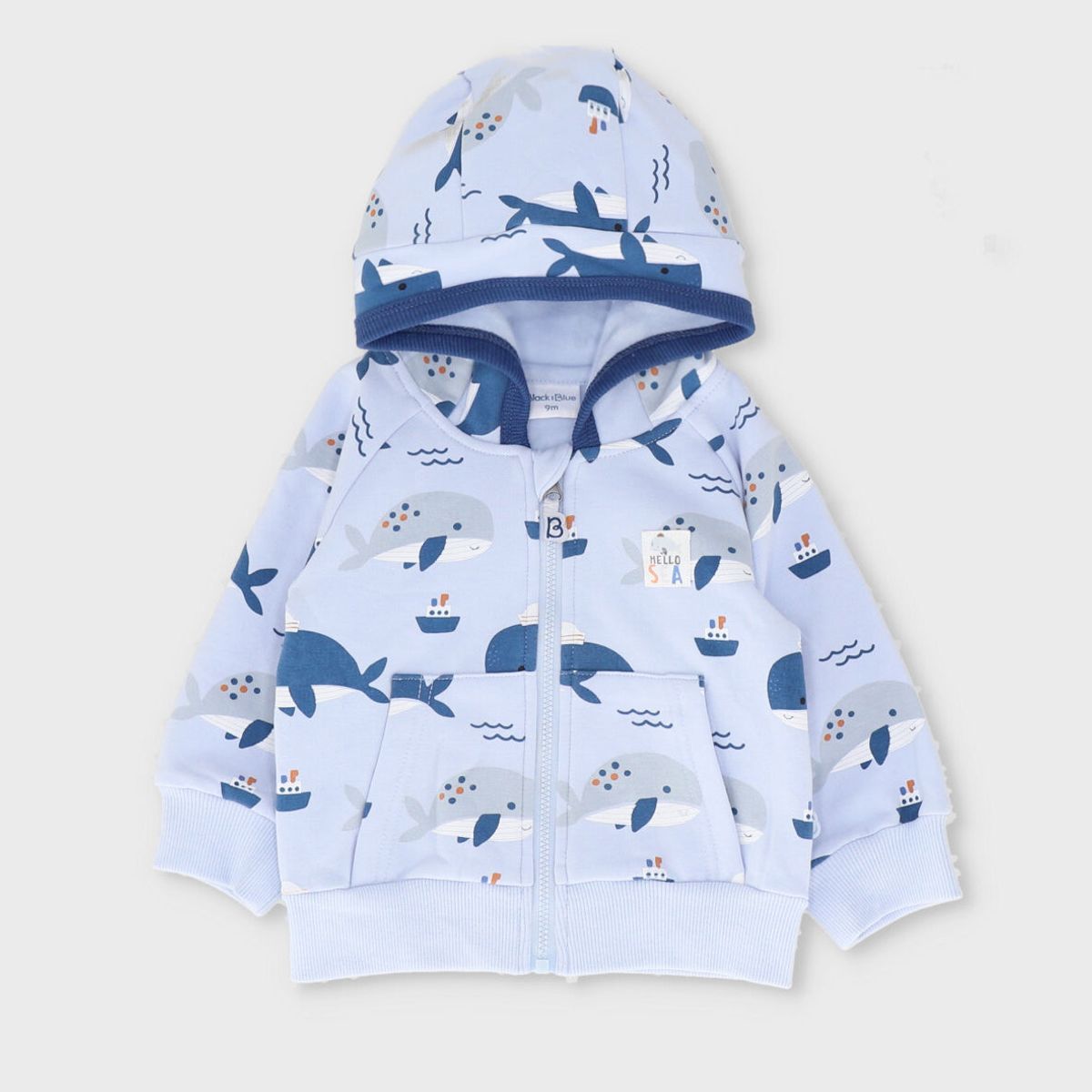 BLACK AND BLUE - Buzo recién nacido con ballenas celeste Black and Blue