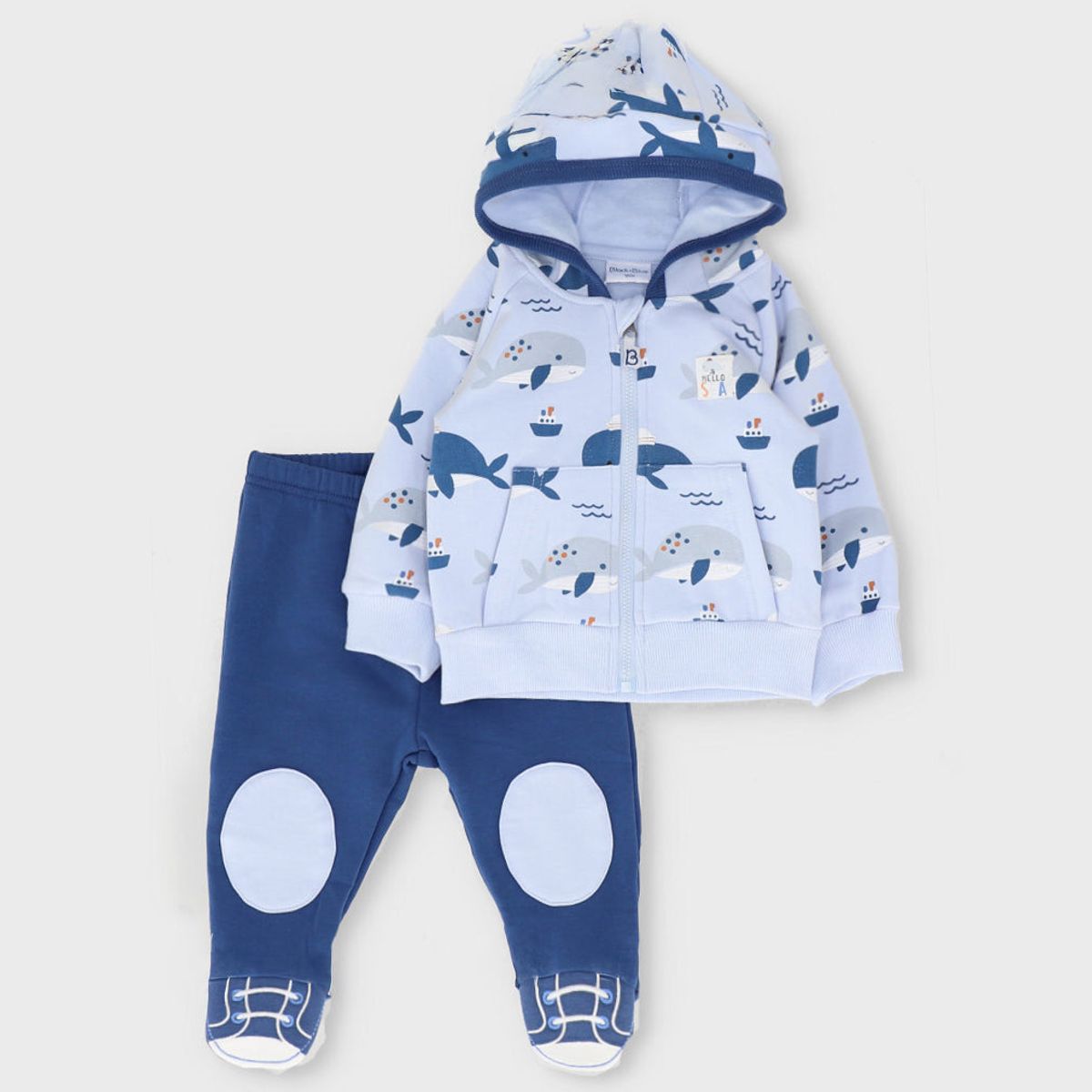 BLACK AND BLUE - Buzo recién nacido con ballenas celeste Black and Blue