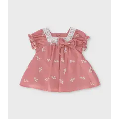 LIMONADA - Vestido recién nacida flores bordadas coral