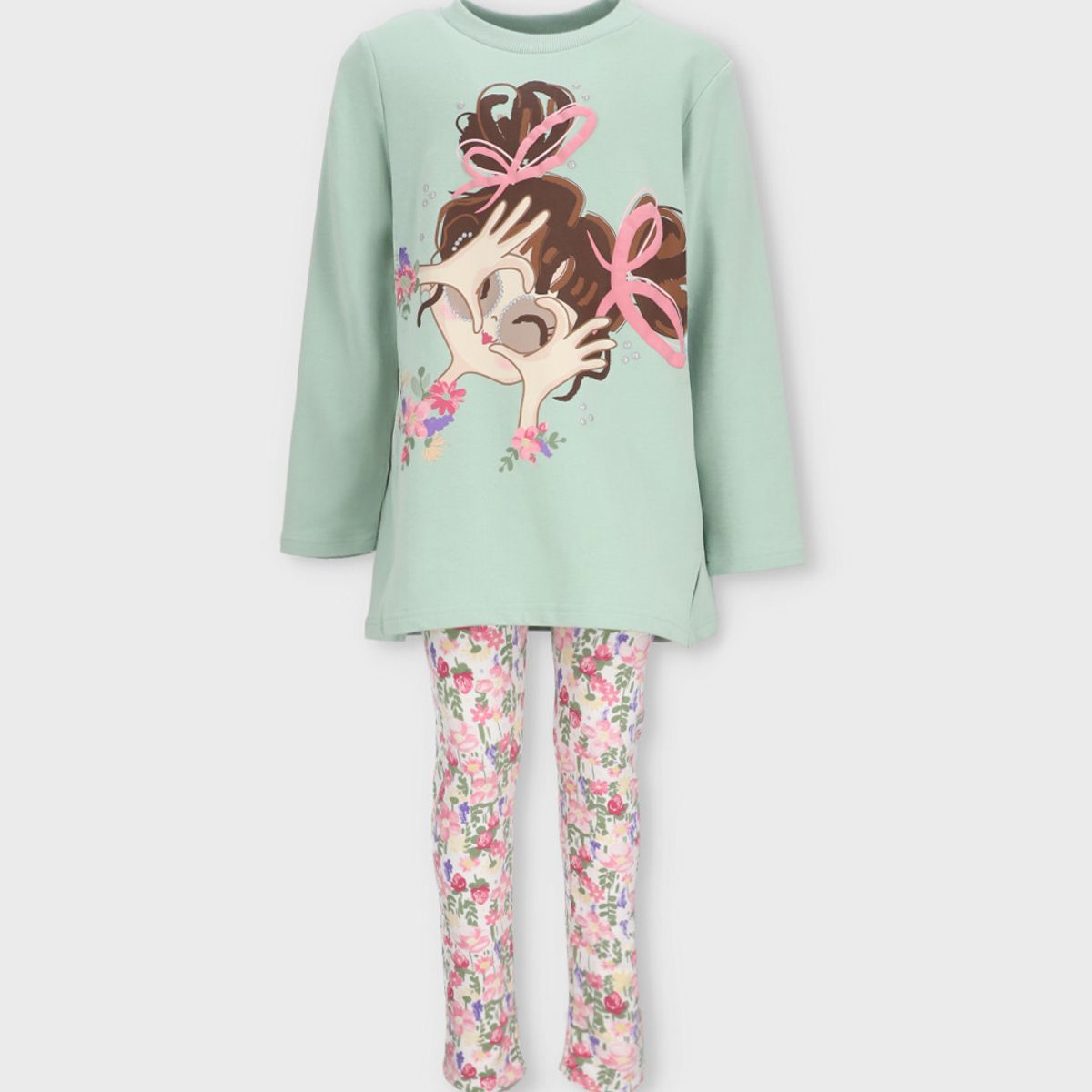 LIMONADA - Conjunto niña con estampado y flores verde Limonada