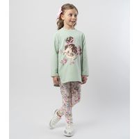 Conjunto niña con estampado y flores verde
